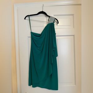 Cocktail attire! Cache green one-shoulder mini dress with accent shoulder